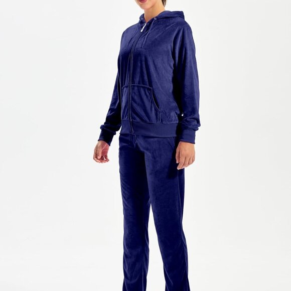 Versatile Women's Navy Velvet Tracksuit Set - Full Zip-Up Hoodie & Sweatpants - Picture 2 of 7